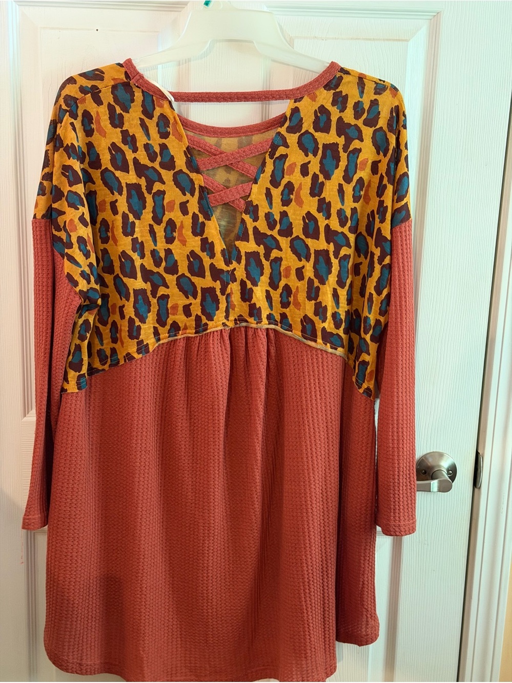 Umgee Rust Tunic with Yellow & Teal Leopard Yoke